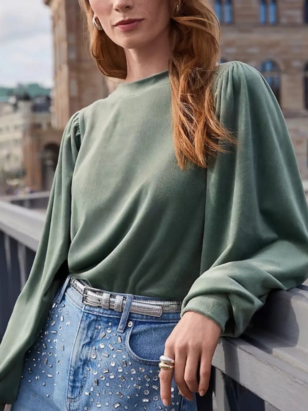 ☀️ New! LOFT Velvet Puff-Sleeve Sweatshirt in Sage Green